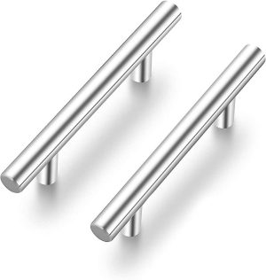 Pair of modern stainless steel cabinet handles designed for kitchen cabinetry, featuring a sleek and minimalist design for contemporary interiors.