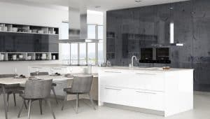 Contemporary kitchen featuring a sleek quartz worktop, modern cabinetry, and stylish dining area with gray chairs and elegant design.