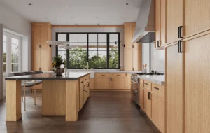 Matrix Petit Sand kitchen cabinets featuring a modern design with wood finish and quartz countertops in a spacious kitchen setting.